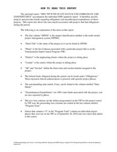 HOW TO READ THIS REPORT The enclosed report, “MPO TIP WITH STATE MATCH, ENCUMBRANCES AND EXPENDITURES” accompanies the individual MPO quarterly report. It identifies specific projects and provides details regarding o