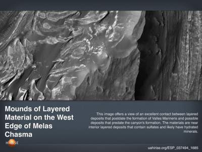 Mounds of Layered Material on the West Edge of Melas Chasma  This image offers a view of an excellent contact between layered