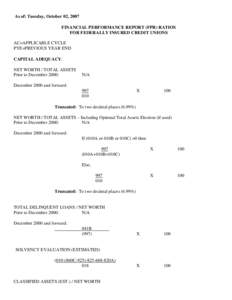 As of: Tuesday, October 02, 2007 FINANCIAL PERFORMANCE REPORT (FPR) RATIOS FOR FEDERALLY INSURED CREDIT UNIONS AC=APPLICABLE CYCLE PYE=PREVIOUS YEAR END CAPITAL ADEQUACY: