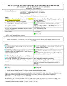 BACHELOR OF SCIENCE IN COMMUNITY/PUBLIC HEALTH - MAJOR CODE 3100 KINESIOLOGY AND HEALTH STUDIES DEPARTMENT Suggested Course Schedule Freshman/Sophomore  Healthy Life Skills and other University Core courses