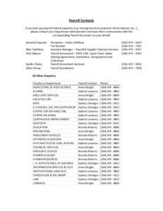 Payroll Contacts If you have any payroll related enquiries (e.g. missing/incorrect payment, direct deposit, etc…), please contact your Department Administrator and have them communicate with the corresponding Payroll A