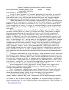 Southern Campaign American Revolution Pension Statements Pension application of Humphrey Bates W25204 Rachel fn44NC Transcribed by Will Graves State of Kentucky, Rockcastle County