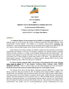 FACT SHEET THE 11th ANNUAL NHEC MINORITY YOUTH ENVIRONMENTALTRAINING INSTITUTE An Environmental STEM Initiative “11 Days of Learning, A Lifetime of Experience”