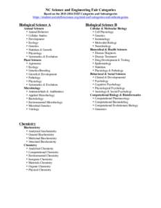 NC Science and Engineering Fair Categories Based on theISEF Categories and Subcategories https://student.societyforscience.org/intel-isef-categories-and-subcategories  Biological Science A
