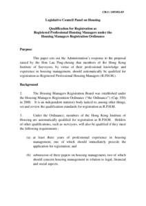 CB[removed]Legislative Council Panel on Housing Qualification for Registration as Registered Professional Housing Managers under the Housing Managers Registration Ordinance