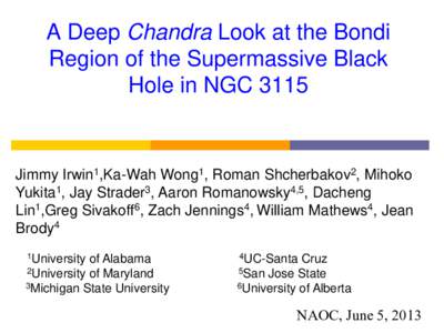 A Deep Chandra Look at the Bondi Region of the Supermassive Black Hole in NGC 3115 Jimmy Irwin1,Ka-Wah Wong1, Roman Shcherbakov2, Mihoko Yukita1, Jay Strader3, Aaron Romanowsky4,5, Dacheng