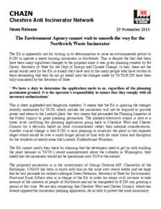 CHAIN Cheshire Anti Incinerator Network News Release 25 November 2013