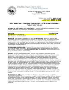 United States Department of the Interior NATIONAL PARK SERVICE Wrangell-St. Elias National Park & Preserve PO Box 439 Copper Center, AK 99573