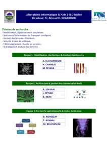 Laboratoire: Biochimie et Biologie Moléculaire Laboratoire: Informatique & Aide à la Décision Directeur: Pr. Mohammed LOUTFI Directeur: Pr. Ahmed EL KHARROUBI  Thèmes de recherche :