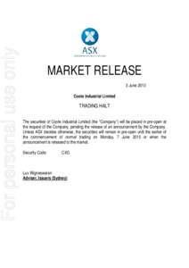 For personal use only    MARKET RELEASE 3 June 2010