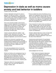 Depression in dads as well as moms causes anxiety and bad behavior in toddlers