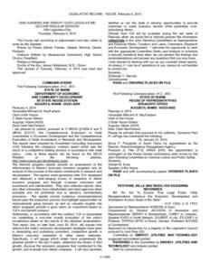 LEGISLATIVE RECORD - HOUSE, February 6, 2014 ONE HUNDRED AND TWENTY-SIXTH LEGISLATURE SECOND REGULAR SESSION 10th Legislative Day Thursday, February 6, 2014 The House met according to adjournment and was called to