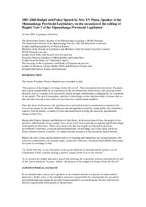 Budget and Policy Speech by Mrs YN Phosa, Speaker of the Mpumalanga Provincial Legislature, on the occassion of the tabling of Bugdet Vote 2 of the Mpumalanga Provincial Legislature 15 June 2007, Legislature Ch