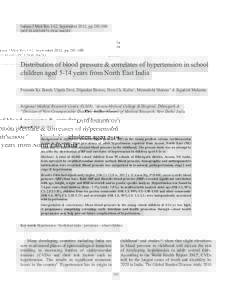 Indian J Med Res 142, September 2015, ppDOI:Distribution of blood pressure & correlates of hypertension in school children aged 5-14 years from North east India Prasanta Kr. Borah, Utpal