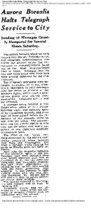 Aurora Borealis Halts Telegraph Service to City The Atlanta Constitution[removed]); May 15, 1921; ProQuest Historical Newspapers Atlanta Constitution[removed]pg. 1