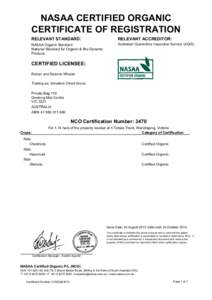 NASAA CERTIFIED ORGANIC CERTIFICATE OF REGISTRATION RELEVANT STANDARD: RELEVANT ACCREDITOR: