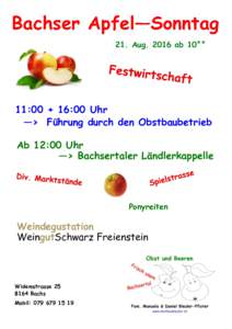 Bachser Apfel—Sonntag 21. Augab 10°° 11:00 + 16:00 Uhr —> Führung durch den Obstbaubetrieb