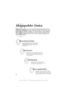 3  Mappable Data Between deciding what you want to map and mapping it lies the important task of acquiring mappable data. The data you need to make your map may or may not be easily available, or in a usable form. When m