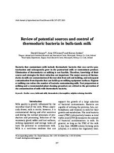 Irish Journal of Agricultural and Food Research 52: 217–227, 2013  Review of potential sources and control of thermoduric bacteria in bulk-tank milk David Gleeson1†, Aine O’Connell1 and Kieran Jordan2 1Teagasc