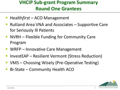 VHCIP Sub-grant Program Summary Round One Grantees  Healthfirst – ACO Management  Rutland Area VNA and Associates – Supportive Care for Seriously Ill Patients  NVRH – Flexible Funding for Community Care