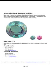 Strong Color Change Alexandrite Oval .96ct. Bluish green in daylight and red purple (pink) under incandescent light, the color change is strong. The stone is bright, well cut and quite clean for an alexandrite. A complim