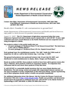 NEWS RELEASE Alaska Department of Environmental Conservation Alaska Department of Health & Social Services Contact: Ron Klein, Department of Environmental Conservation, ([removed]Greg Wilkinson, Department of Health