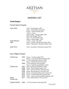 AWARDS LIST Oratia Region Fantail Island Vineyard
