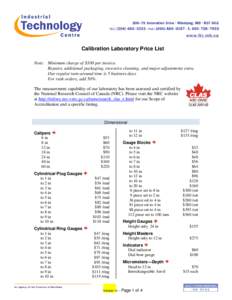 Calibration Laboratory Price List