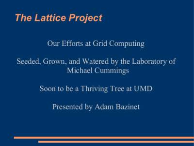 The Lattice Project Our Efforts at Grid Computing Seeded, Grown, and Watered by the Laboratory of Michael Cummings Soon to be a Thriving Tree at UMD Presented by Adam Bazinet