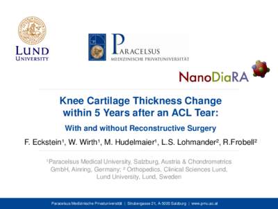 Knee Cartilage Thickness Change within 5 Years after an ACL Tear: With and without Reconstructive Surgery F. Eckstein¹, W. Wirth¹, M. Hudelmaier¹, L.S. Lohmander², R.Frobell² ¹Paracelsus Medical University, Salzbur