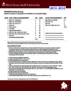 TRANSFER PLAN for Nursing Bachelor of Science in Nursing (B.S.N.) at WTAMU; A.N. at Amarillo College HRS CORE #