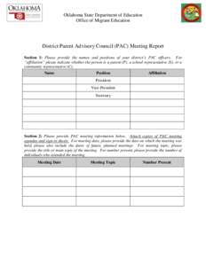 Oklahoma State Department of Education Office of Migrant Education District Parent Advisory Council (PAC) Meeting Report Section 1: Please provide the names and positions of your district’s PAC officers. For “affilia