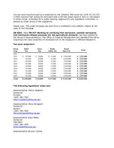 You are receiving this email as a subscriber to the Initiative 960 email list. RCW[removed]I-960) requires that notices be sent each time a bill that raises taxes or fees is: introduced in either house; scheduled for