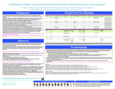 The IARC Monographs Workshops: Tumour Concordance between Humans and Experimental Animals and Mechanisms Involved in Human Carcinogenesis  R. Baan, Y. Grosse, P. Lajoie, B. Lauby-Secretan, F. El Ghissassi, V. Bouvard, L.