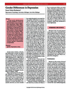 173  CURRENT DIRECTIONS IN PSYCHOLOGICAL SCIENCE Gender Differences in Depression Susan Nolen-Hoeksema1