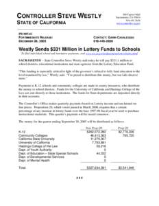 NEWS RELEASE: Westly Sends $331 Million in Lottery Funds to Schools