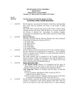 DELHI LEGISLATIVE ASSEMBLY Bulletin Part-I (Brief summary of proceedings) Tuesday, 24th March, Chaitra, 1937 (Saka) NoP.M