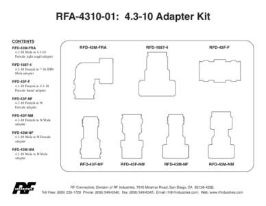 RFA: Adapter Kit CONTENTS RFD-43M-FRAMale toFemale right angel adapter