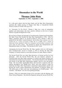 Zlín / Batawa /  Ontario / Thomas Bata / Canada / Business / Culture / Jan Antonín Baťa / Bata Shoes / Thomas J. Bata / Tomáš Baťa