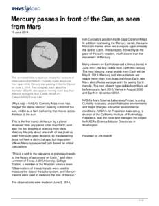 Mercury passes in front of the Sun, as seen from Mars