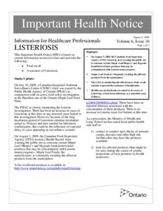 Important Health Notice August 5, 2009 Information for Healthcare Professionals  LISTERIOSIS