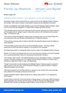 News Release  Premier Jay Weatherill Minister Leon Bignell Minister for Tourism