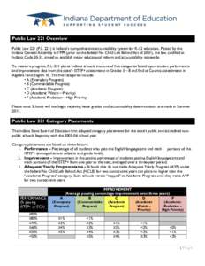 Public Law 221 Overview Public Law 221 (P.L[removed]is Indiana’s comprehensive accountability system for K-12 education. Passed by the Indiana General Assembly in[removed]prior to the federal No Child Left Behind Act of 20