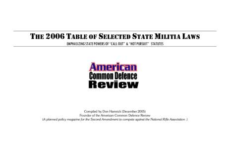 THE 2006 TABLE OF SELECTED STATE MILITIA LAWS EMPHASIZING STATE POWERS OF “CALL OUT” & “HOT PURSUIT” STATUTES Compiled by Don Hamrick (December[removed]Founder of the American Common Defence Review (A planned polic