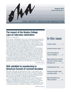Summer 2014 Volume XLVIII Number 2 oral history association Newsletter  The impact of the Boston College