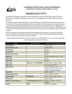 CONGREGATION K’HAL ADATH JESHURUN 85 BENNETT AVENUE ♦ NEW YORK, NY[removed]PESACH LIST 5775 K’hal Adath Jeshurun is pleased to inform the kosher consumer that a full range of Pesach products are available under the s