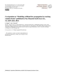 Nat. Hazards Earth Syst. Sci., 14, 2373–2373, 2014 www.nat-hazards-earth-syst-sci.net[removed]doi:[removed]nhess[removed] © Author(s[removed]CC Attribution 3.0 License.  Corrigendum to “Modelling wildland fi