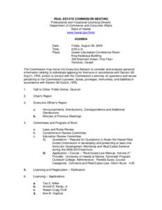 REAL ESTATE COMMISSION MEETING Professional and Vocational Licensing Division Department of Commerce and Consumer Affairs   State of Hawaii