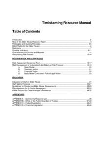 Timiskaming Resource Manual Table of Contents Introduction……………………………………………………………………………………………..…2 Role of the Elder Abuse Resource Team.............
