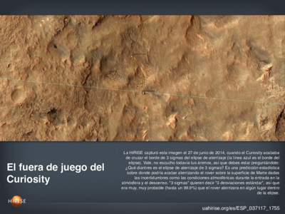 El fuera de juego del Curiosity La HiRISE capturó esta imagen el 27 de junio de 2014, cuando el Curiosity acababa de cruzar el borde de 3 sigmas del elipse de aterrizaje (la línea azul es el borde del elipse). Vale, no